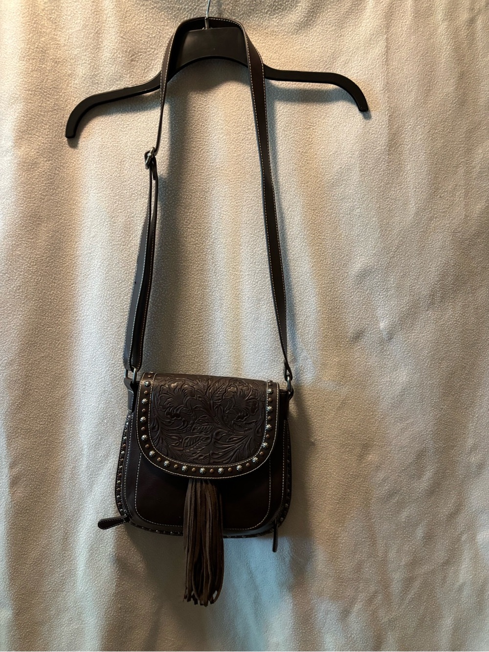 Nocona Dark Brown Embossed Leather Crossbody with Tassel